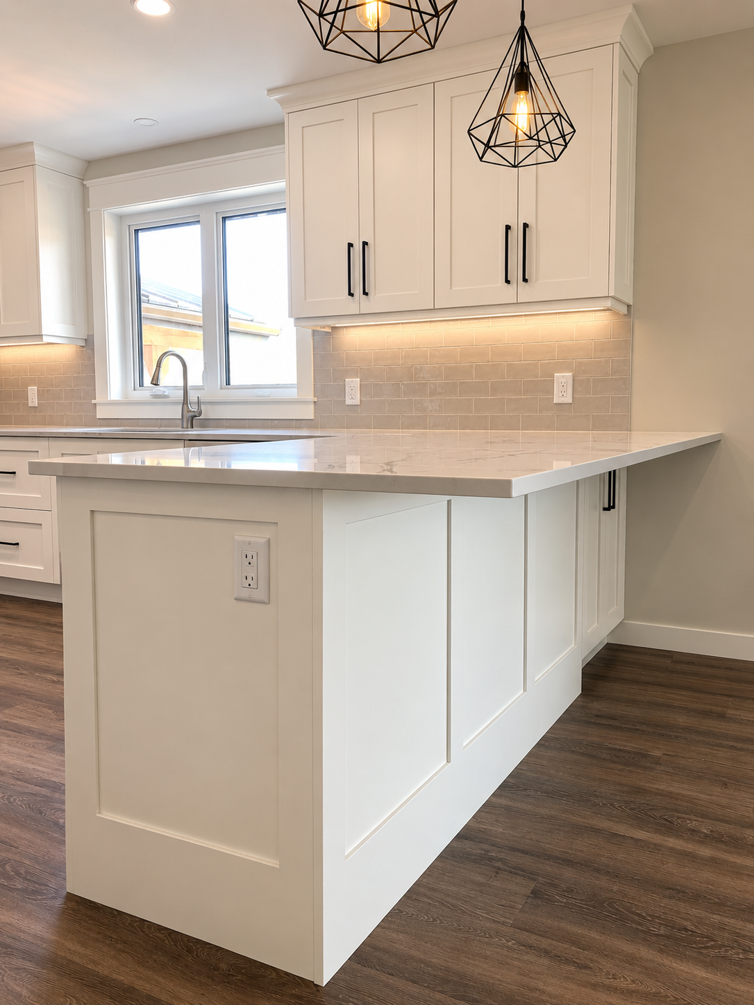 Custom white kitchen cabinetry with a large stone countertop island, black hardware and built-in storage.