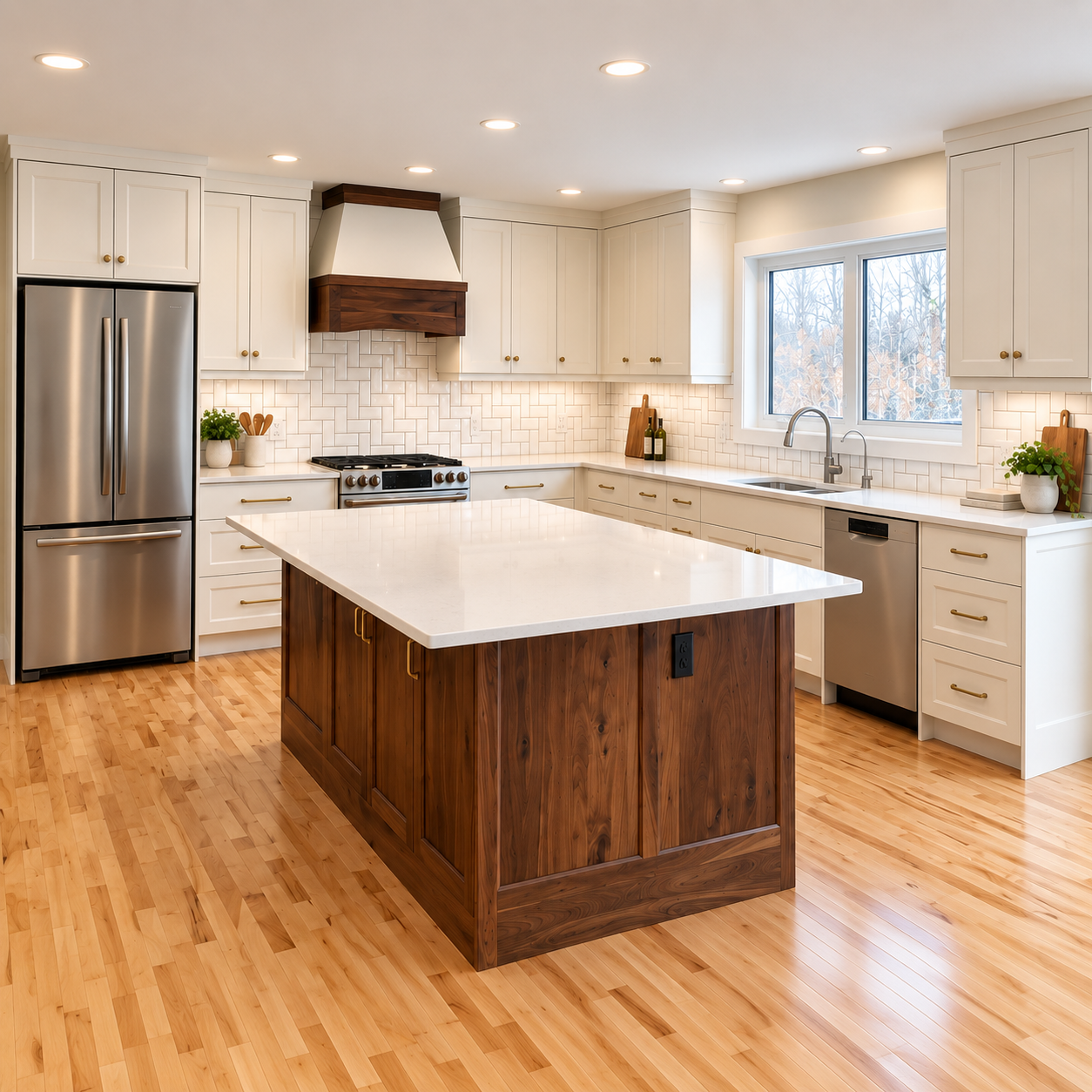 Custom Sundre kitchen with white cabinetry, walnut island, quartz countertops and generous workspace.