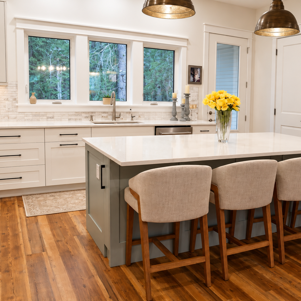Custom kitchen with a sage green island, four upholstered counter stools, white Shaker cabinetry.
