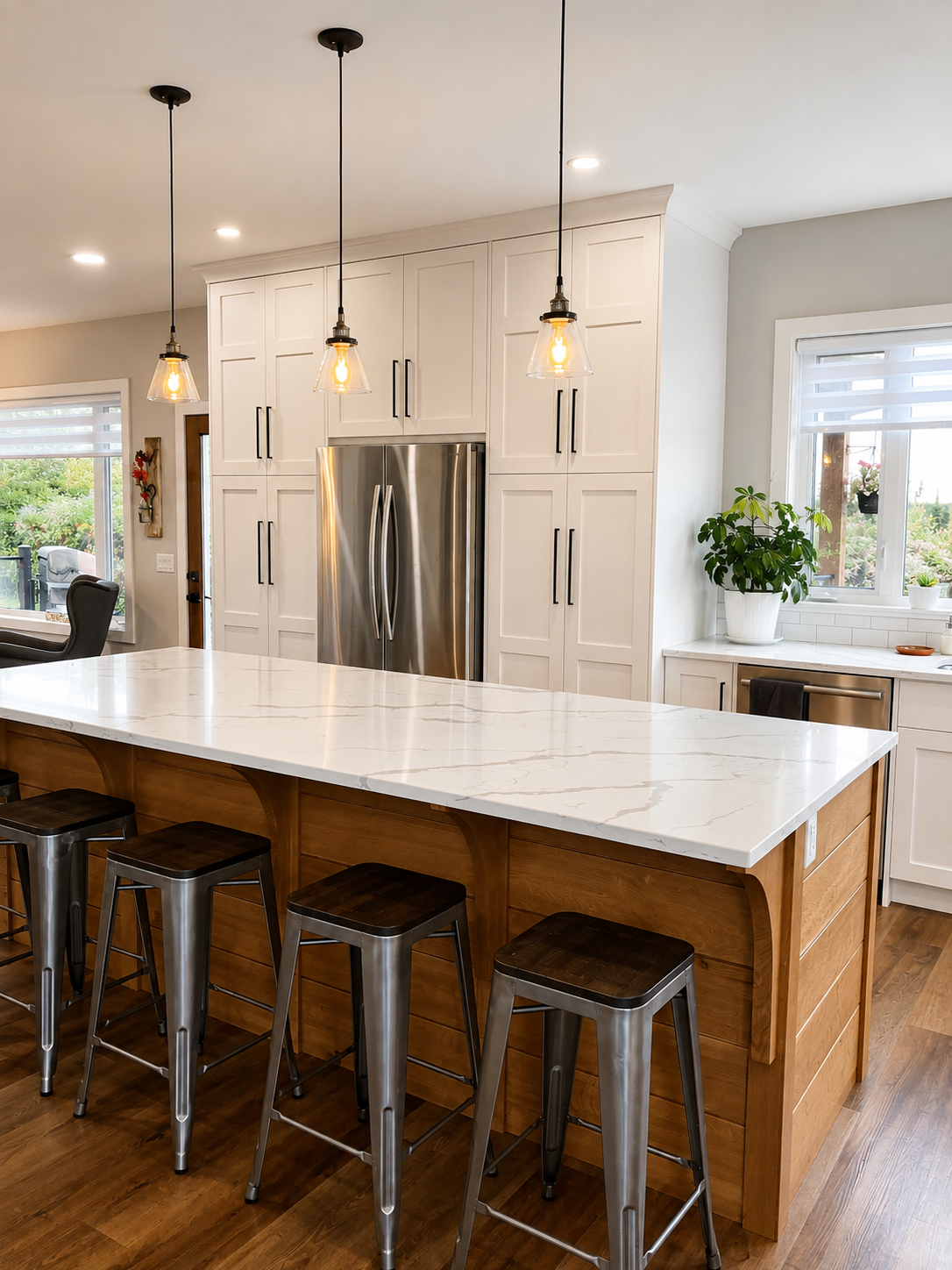 Custom white kitchen cabinetry with a large natural wood island, white stone countertop and built-in storage.