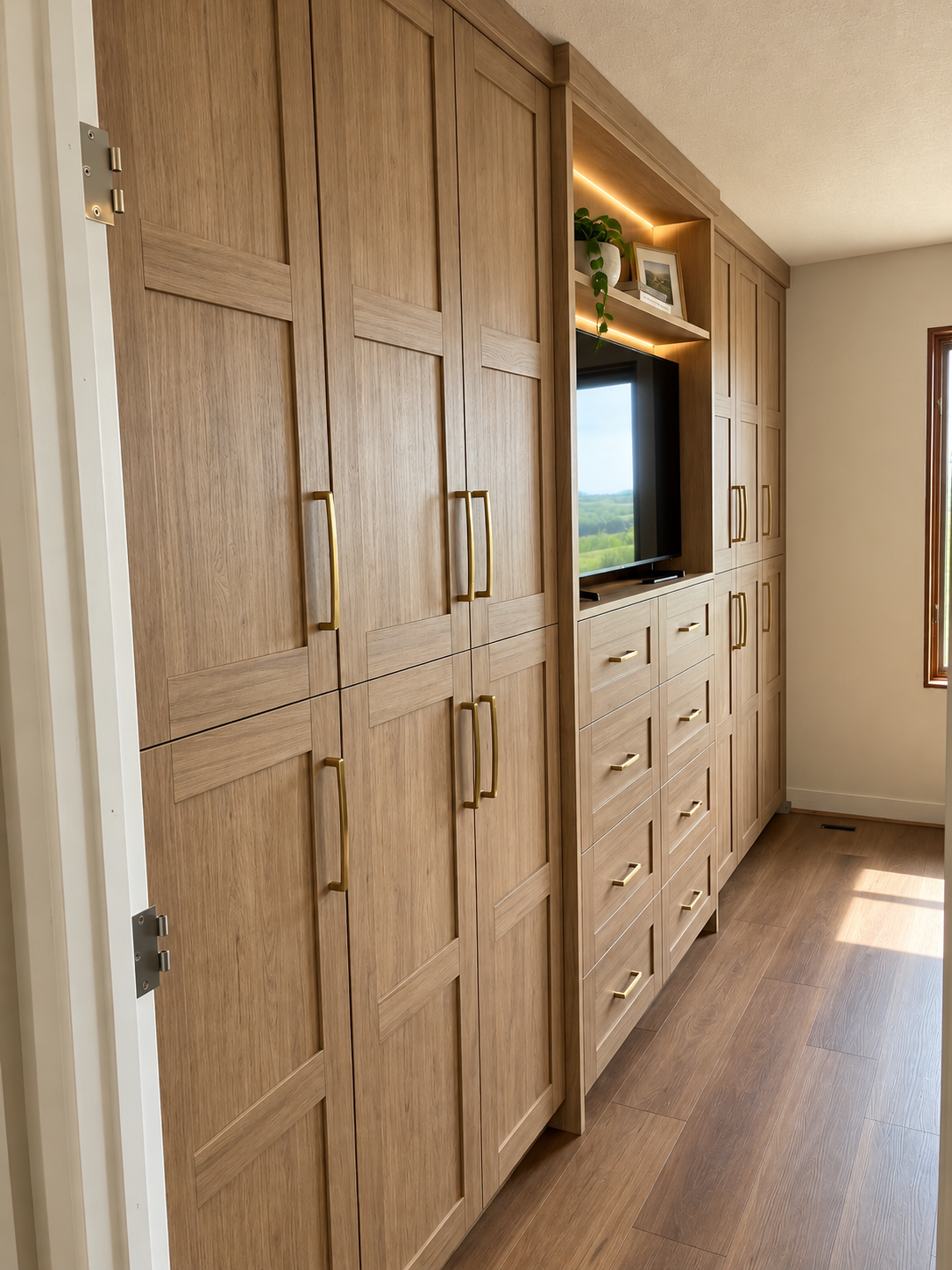 Custom wood built-in cabinetry with integrated TV, concealed storage and brass hardware.