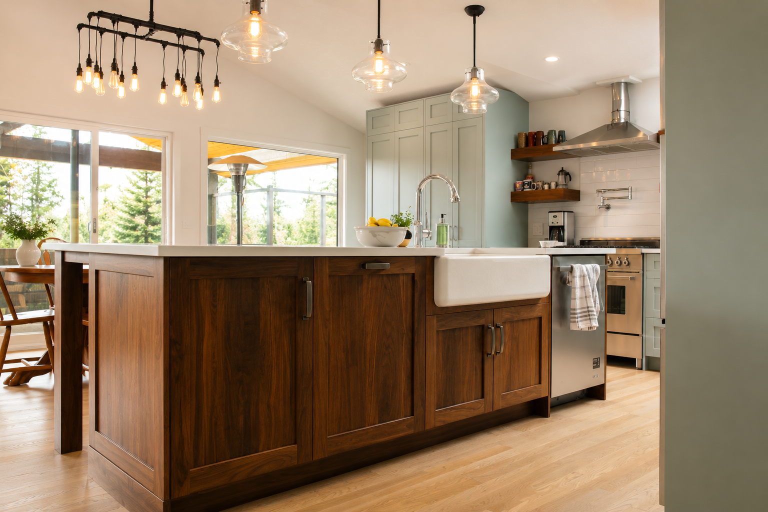 Custom kitchen featuring a handcrafted wood island, farmhouse sink, soft green cabinetry and open shelving by Winters Woodworks.