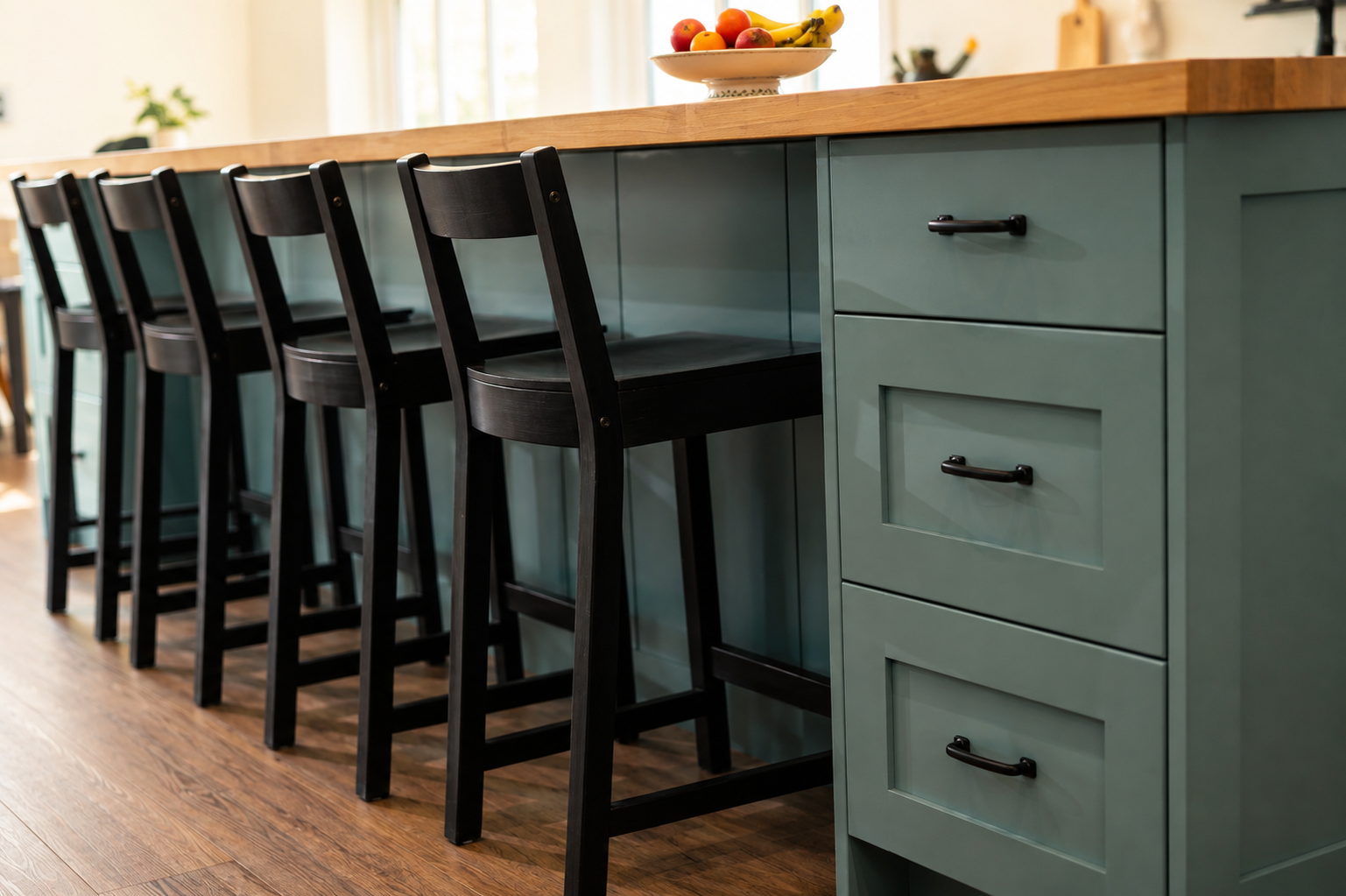 Custom Wedgewood Gray kitchen island with butcher-block countertop, black hardware and seating.