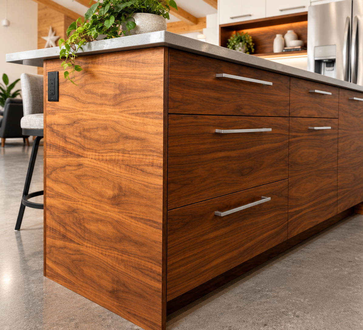 Walnut kitchen island with deep drawer storage and waterfall countertop in a custom Canmore kitchen.