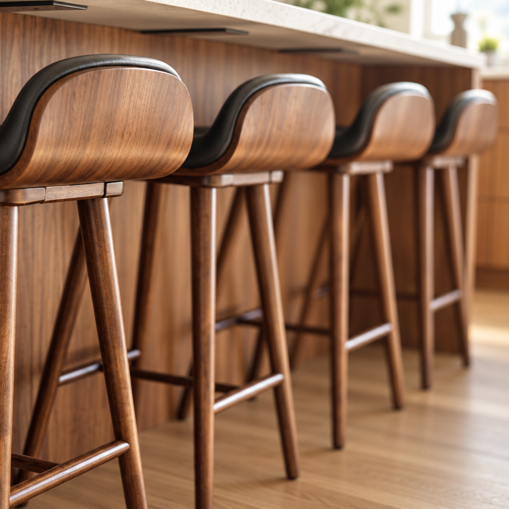 Walnut kitchen island and coordinating wood bar stools with black leather seats