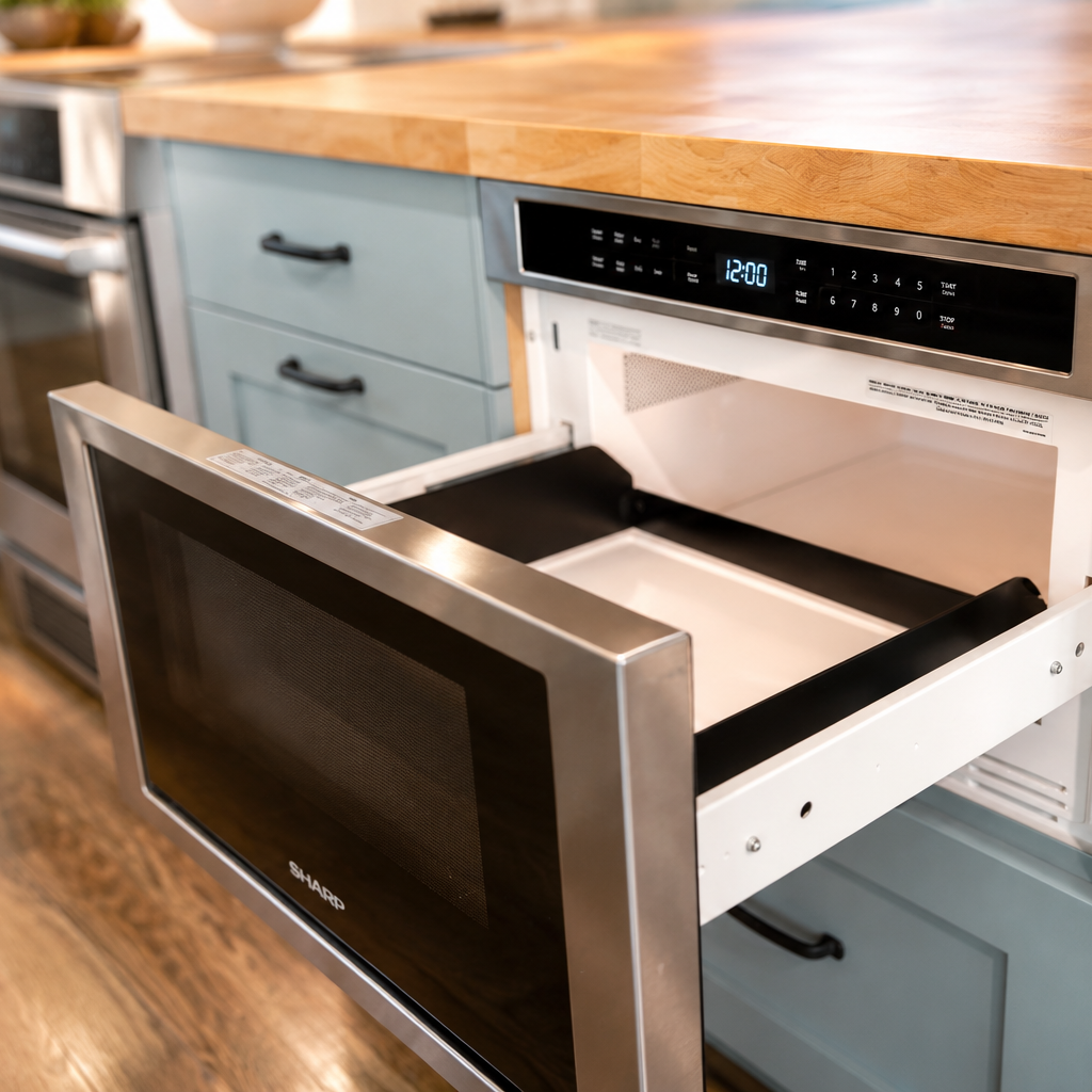 Built-in microwave drawer integrated into custom Wedgewood Gray kitchen cabinetry beneath a butcher-block countertop.