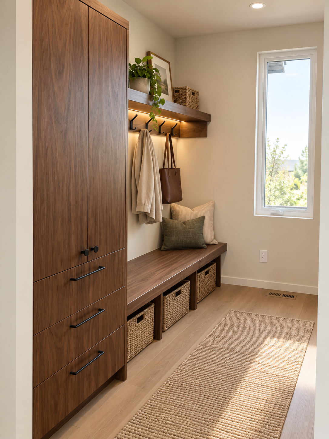 Custom walnut mudroom built-in with storage cabinet, bench, shelving and coat hooks by Winters Woodworks.