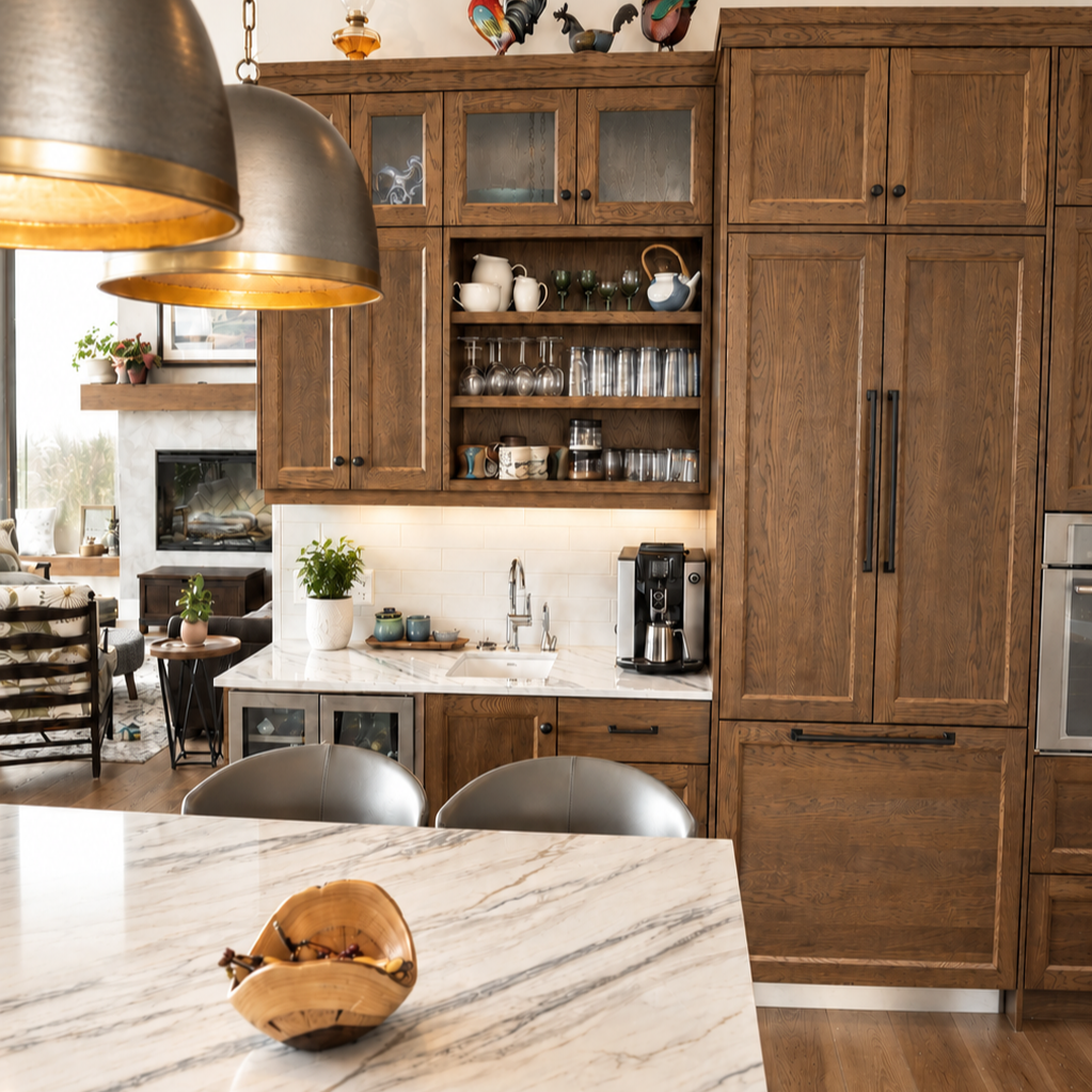Floor-to-ceiling stained wood cabinetry with built-in storage and coffee station in a custom Water Valley kitchen.