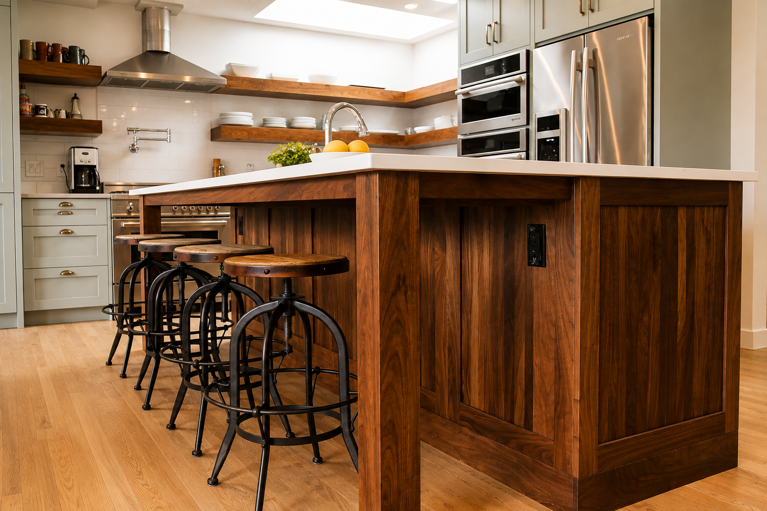 Custom wood kitchen island with handcrafted cabinetry, seating and detailed end panels by Winters Woodworks.