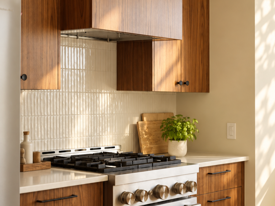 Walnut kitchen cabinetry surrounding a stainless steel range with warm natural light