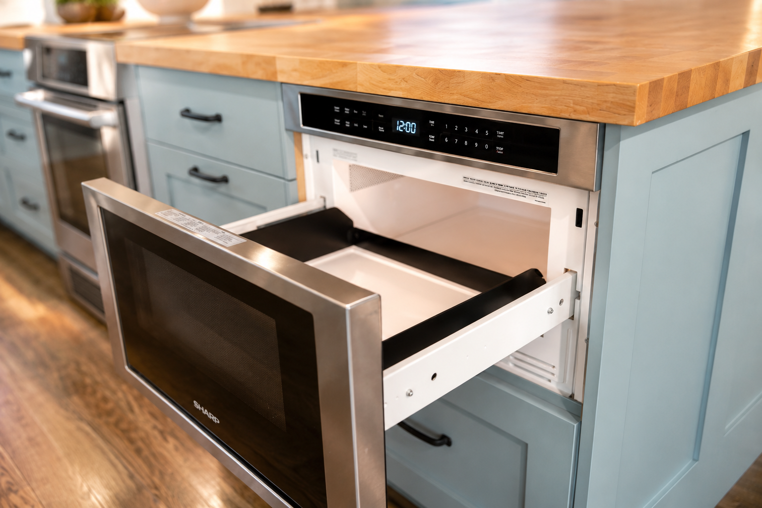 Custom green kitchen cabinetry with integrated microwave in drawer and natural wood countertop.