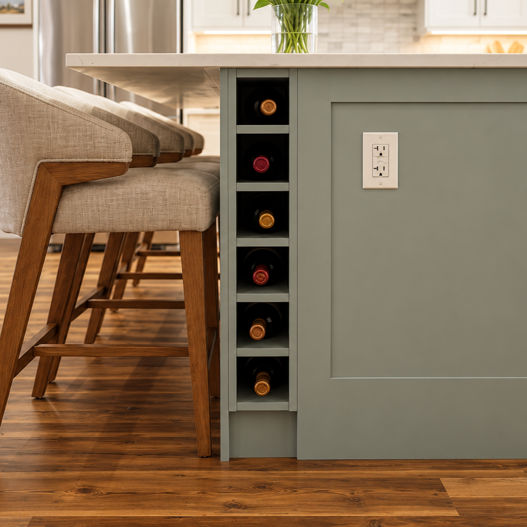 Close-up of a custom sage green kitchen island with built-in wine bottle storage, recessed panel detailing.