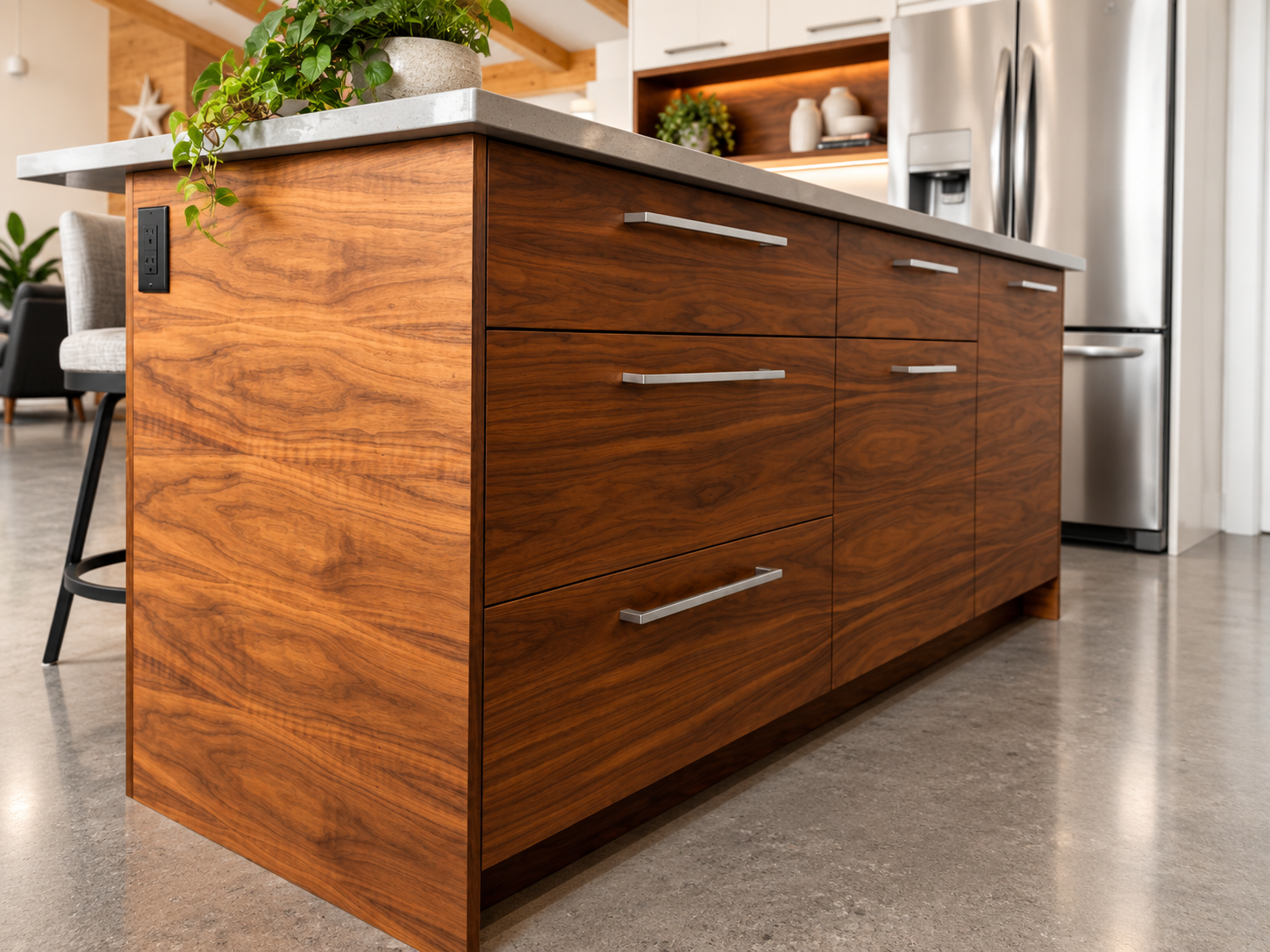Custom kitchen with natural walnut cabinetry, large handcrafted island, open shelving and exposed wood beams by Winters Woodworks.