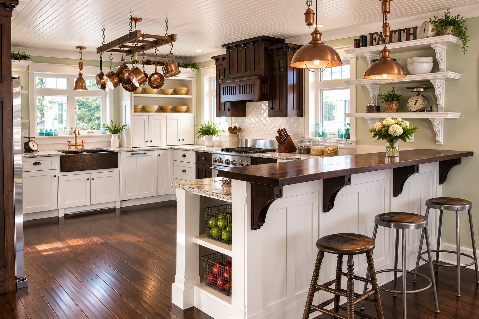 Custom kitchen with white cabinetry, custom dark wood brackets,, open shelving, wood range hood and handcrafted details by Winters Woodworks.