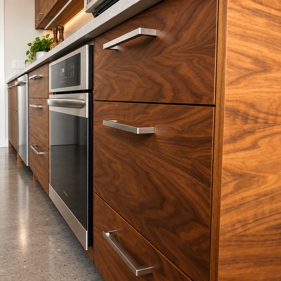 Custom walnut cabinetry with built-in appliances and drawer storage in a modern Canmore kitchen.