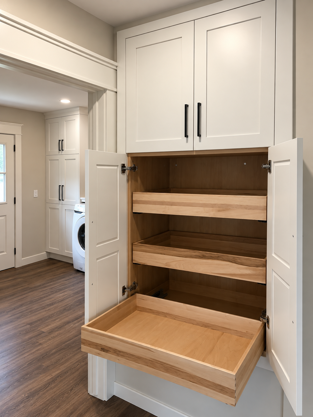 Custom kitchen cabinet with pull-out wood storage drawers designed for organized and accessible storage.