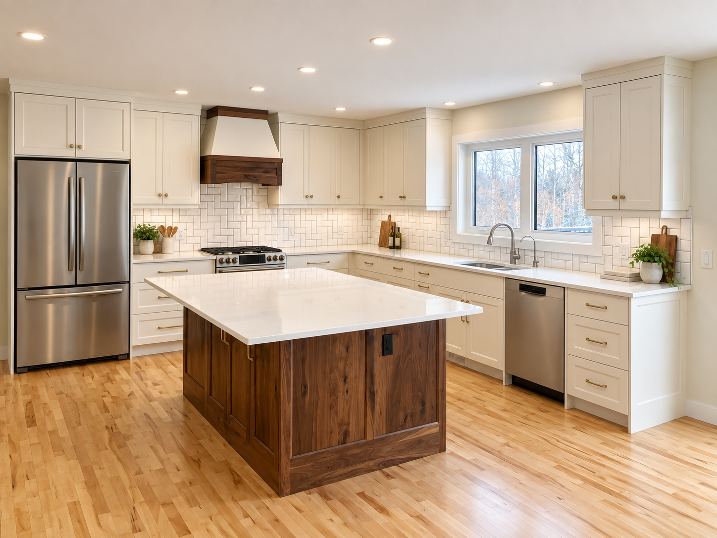 Custom white kitchen cabinetry with natural wood island, quartz countertops and built-in storage by Winters Woodworks.