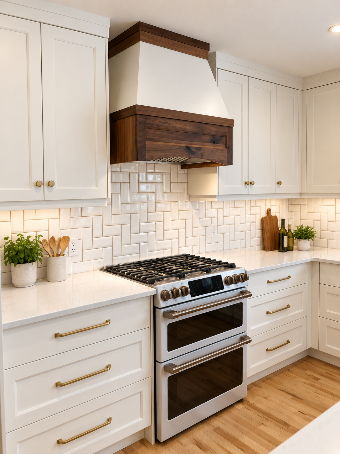 Custom white kitchen cabinetry with handcrafted wood range hood and built-in storage by Winters Woodworks.