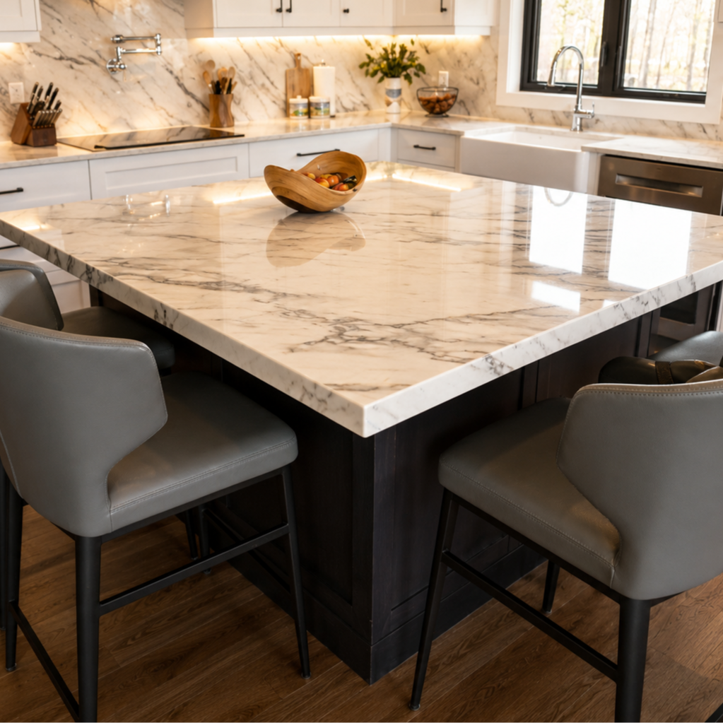 Large stone kitchen island with seating surrounded by custom white cabinetry in Water Valley, Alberta.