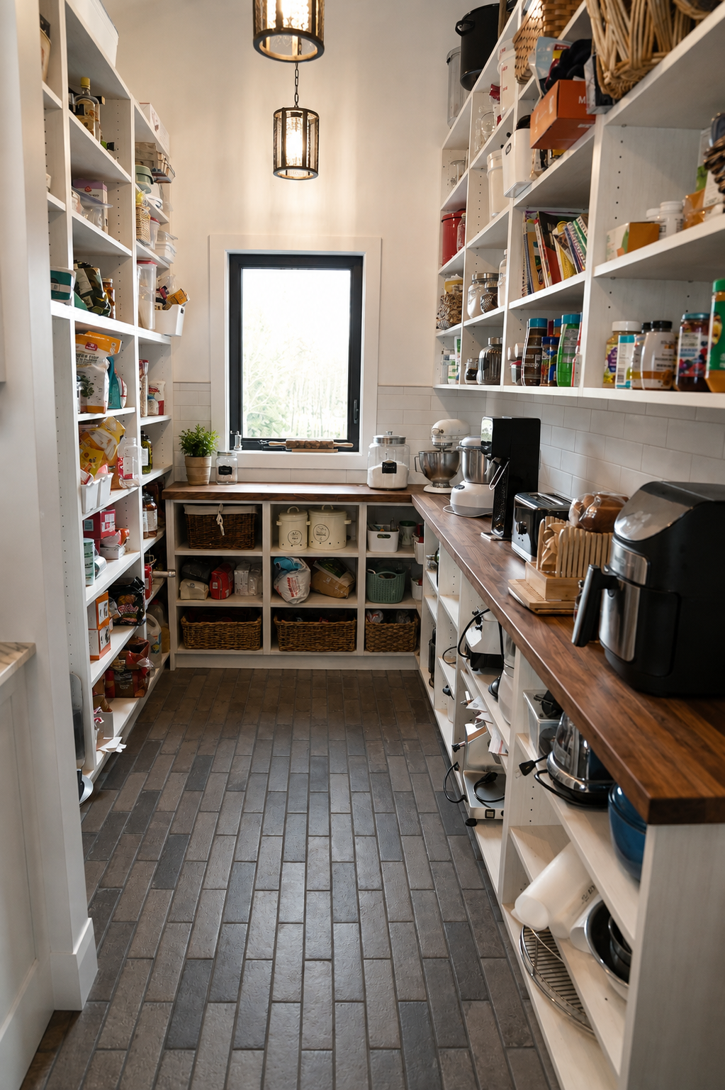 Walk-in pantry with custom floor-to-ceiling open shelving, built-in storage and natural wood countertops.