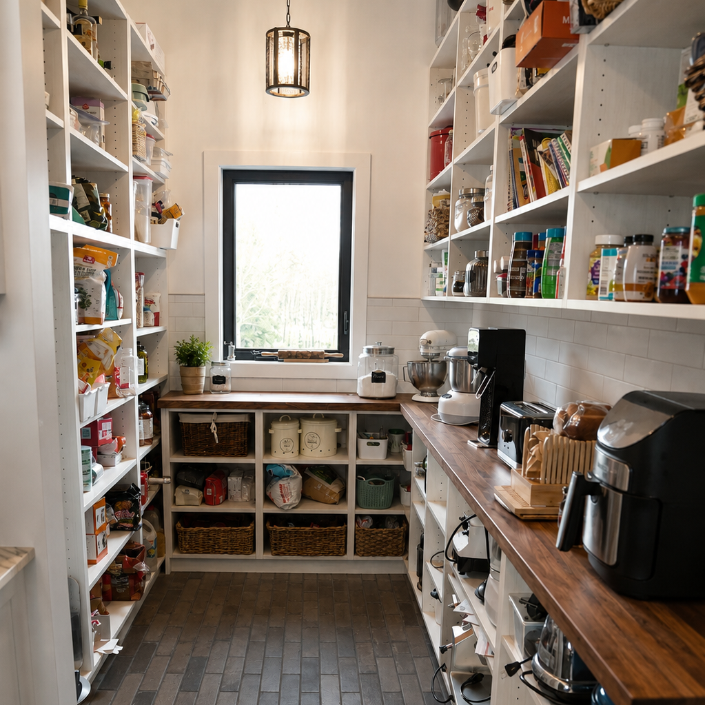 Custom walk-in pantry with open shelving, wood countertops and dedicated appliance storage.