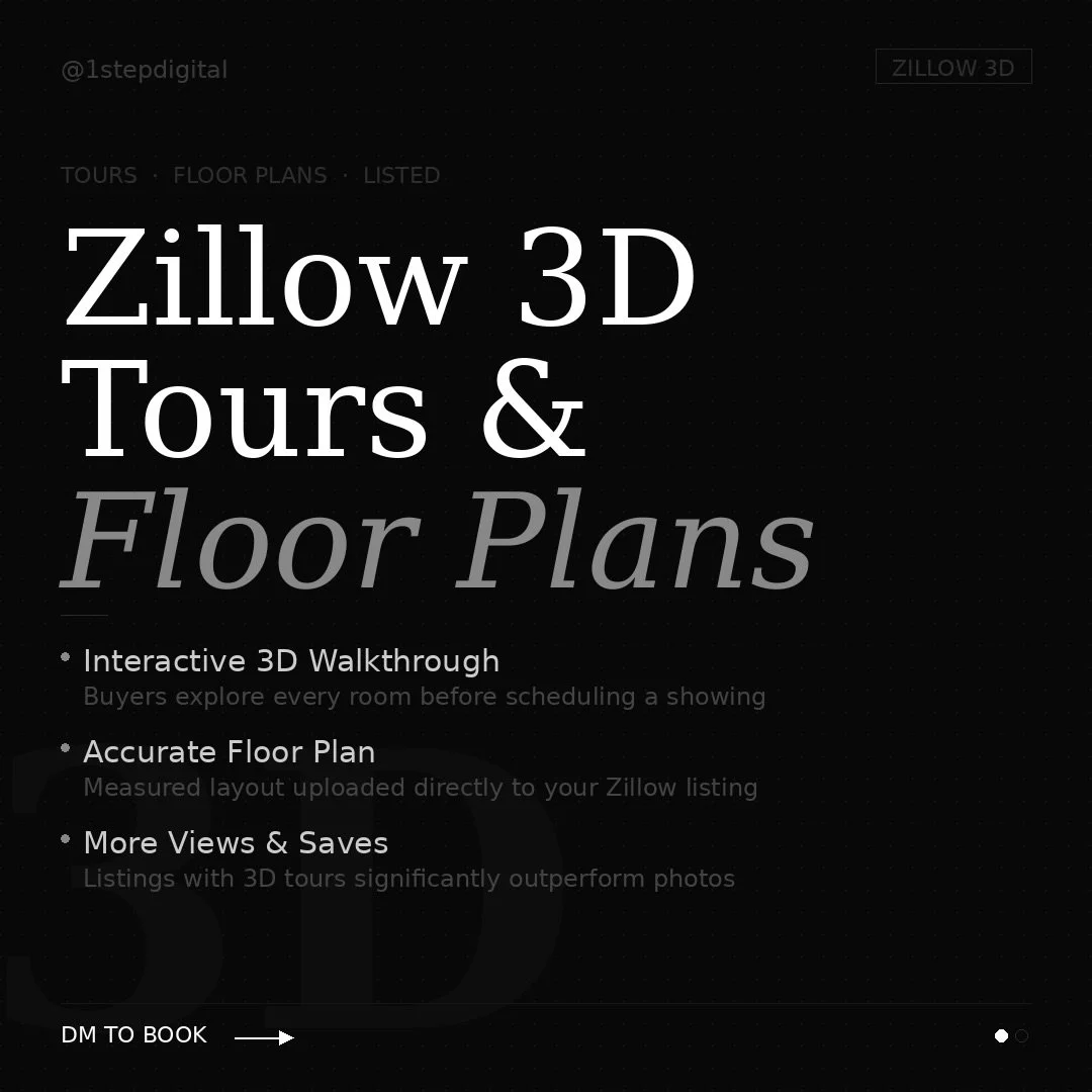 Two services that make your listing stand out before anyone even steps foot in the door.

I offer Zillow 3D Tours with Floor Plans &amp; Matterport 3D Digital Twin Tours so buyers can fully explore a home from their phone, tablet, or computer.

More 
