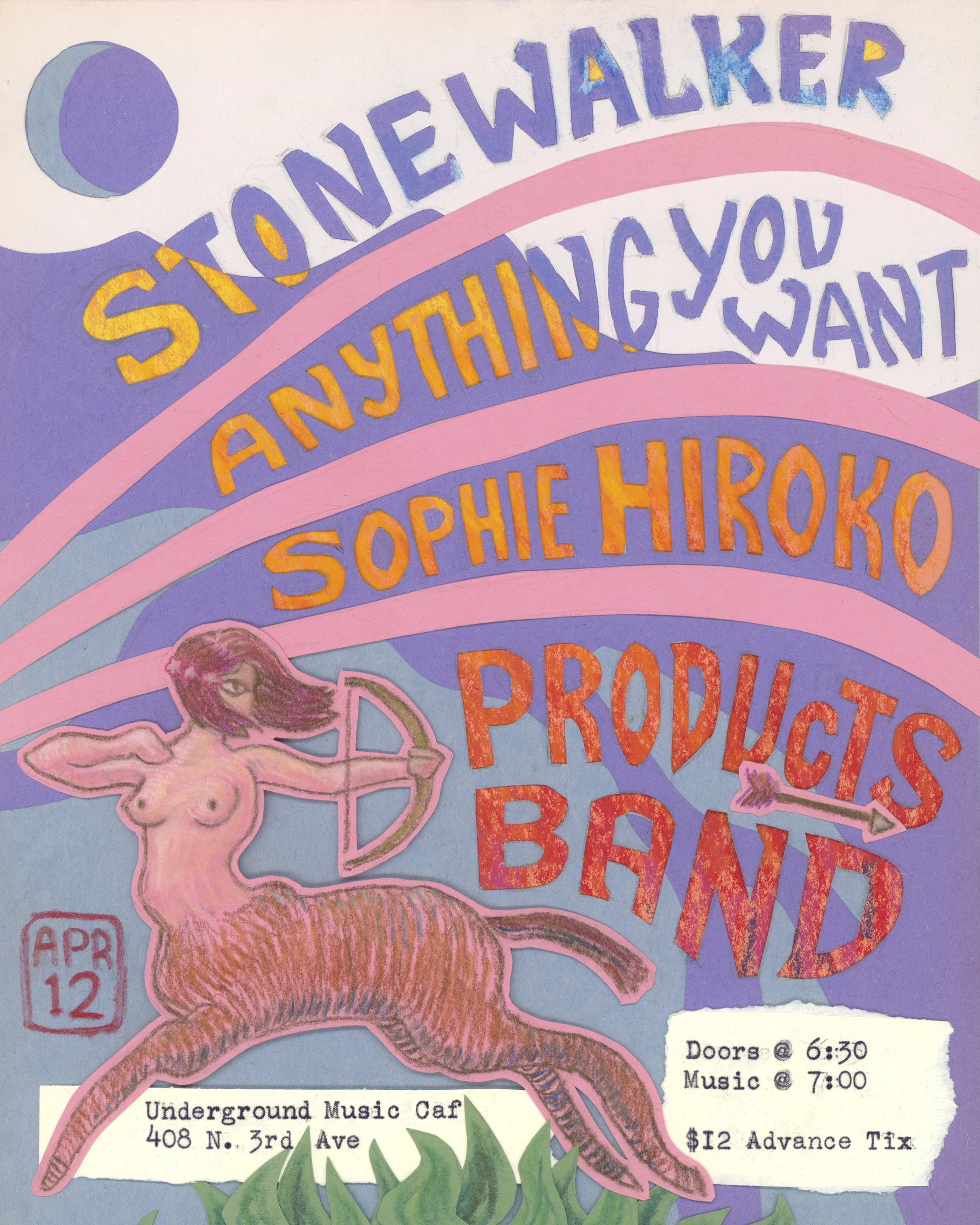 Colorful poster advertising a concert for Sophie Hiroko and Products Band scheduled for April 12 at the Underground Music Cafe, featuring a surreal illustration of a centaur with a human upper body and a horse's lower body, holding a bow and arrow.