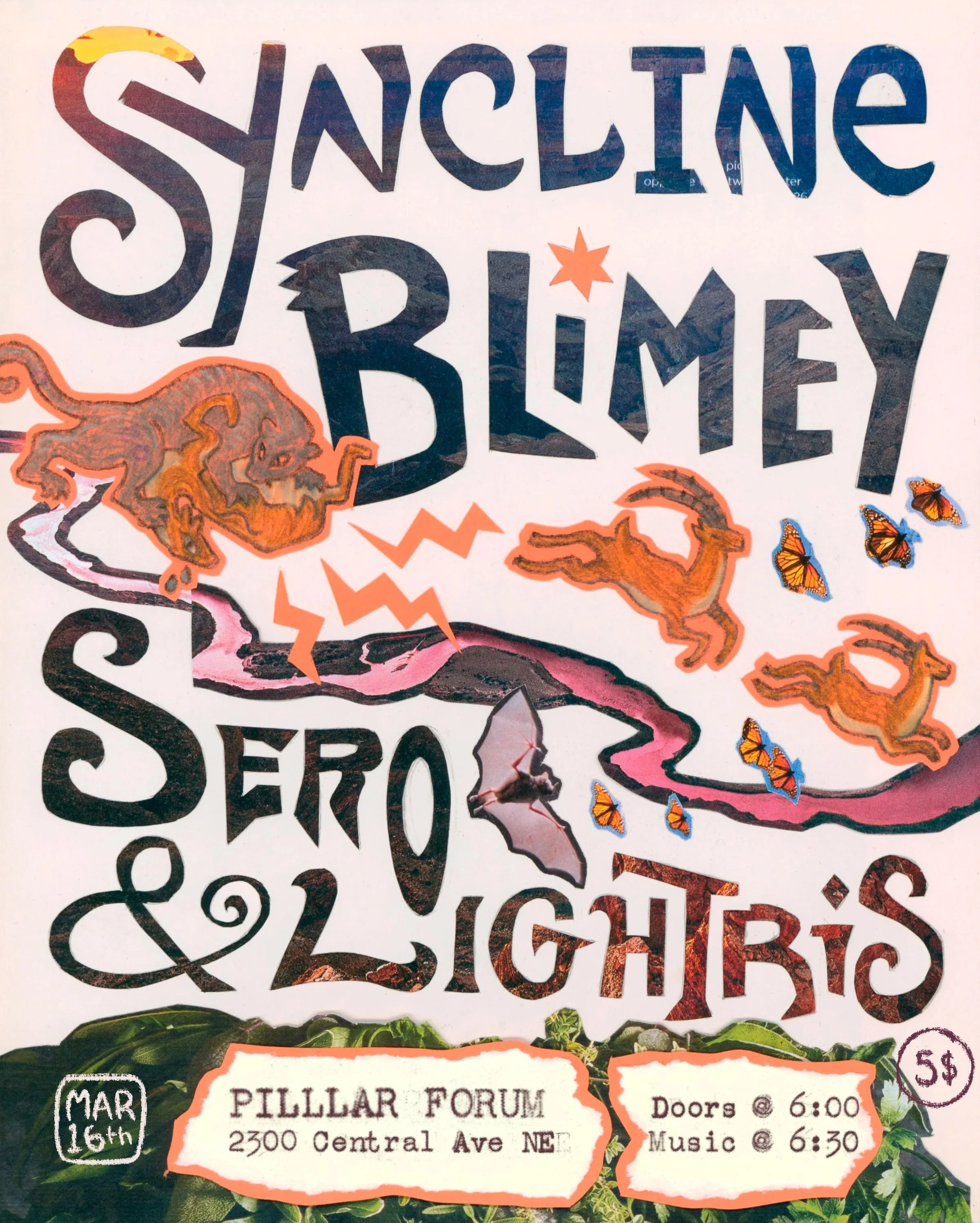 A poster advertising a concert with bands Syncline, Blimey, Sero, and Lightris. The event is at Pillar Forum on March 16th at 2300 Central Ave NE. Doors open at 6:00 PM with music starting at 6:30 PM. Tickets are $5.