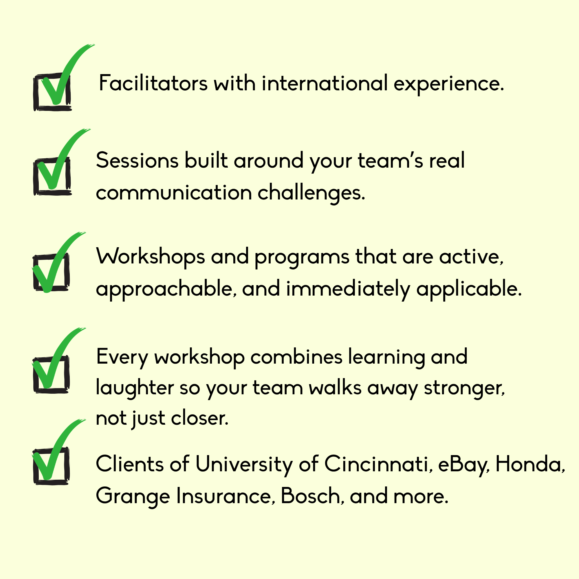 Checklist with five green check marks next to text about team-building workshops, facilitators, and client companies.