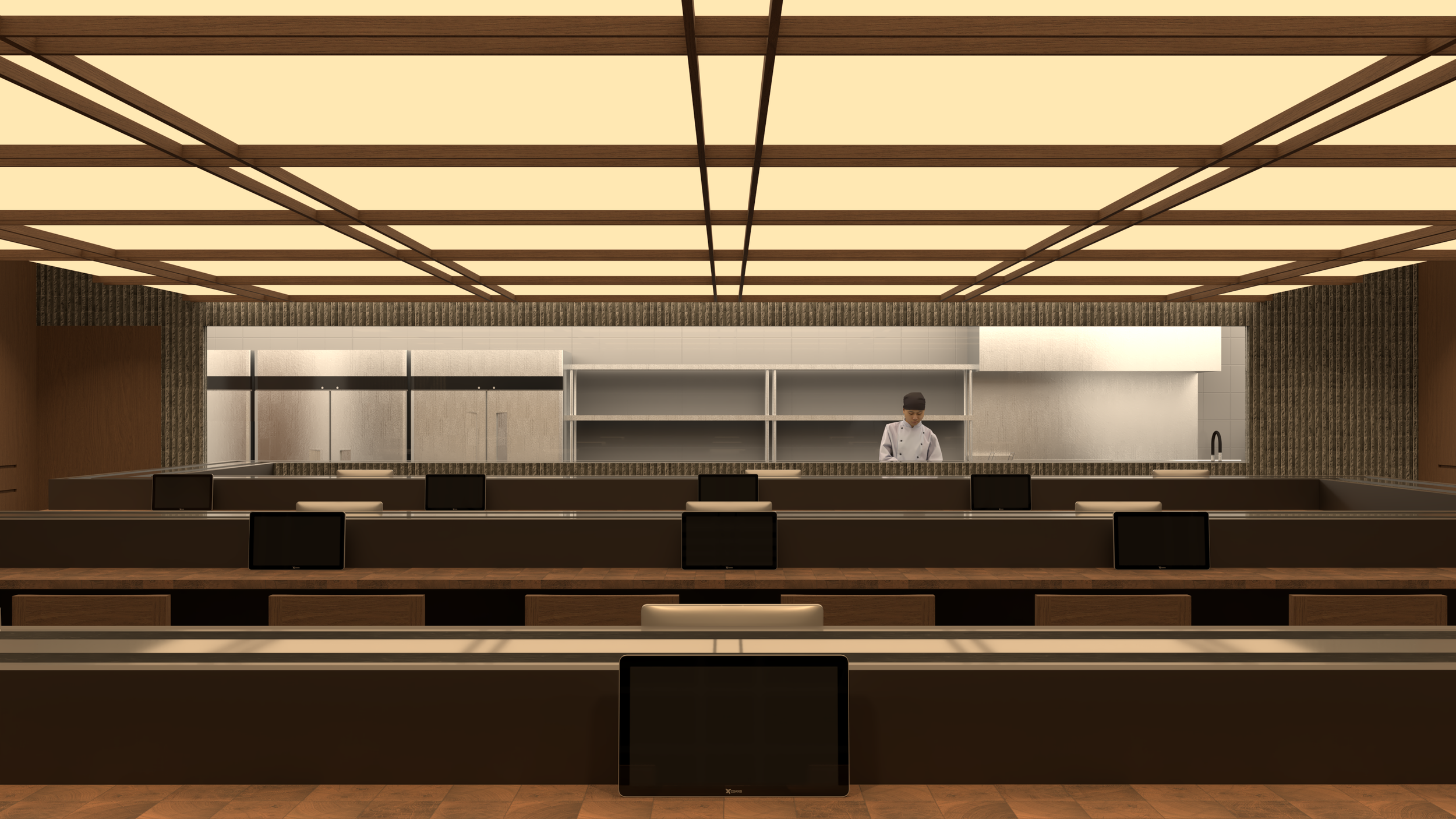 Large glass panels provide an open view of the kitchen and sushi chefs at work, creating an engaging "Itamae" experience. This design not only adds visual interest but also builds customer trust by showcasing the preparation of their meals.