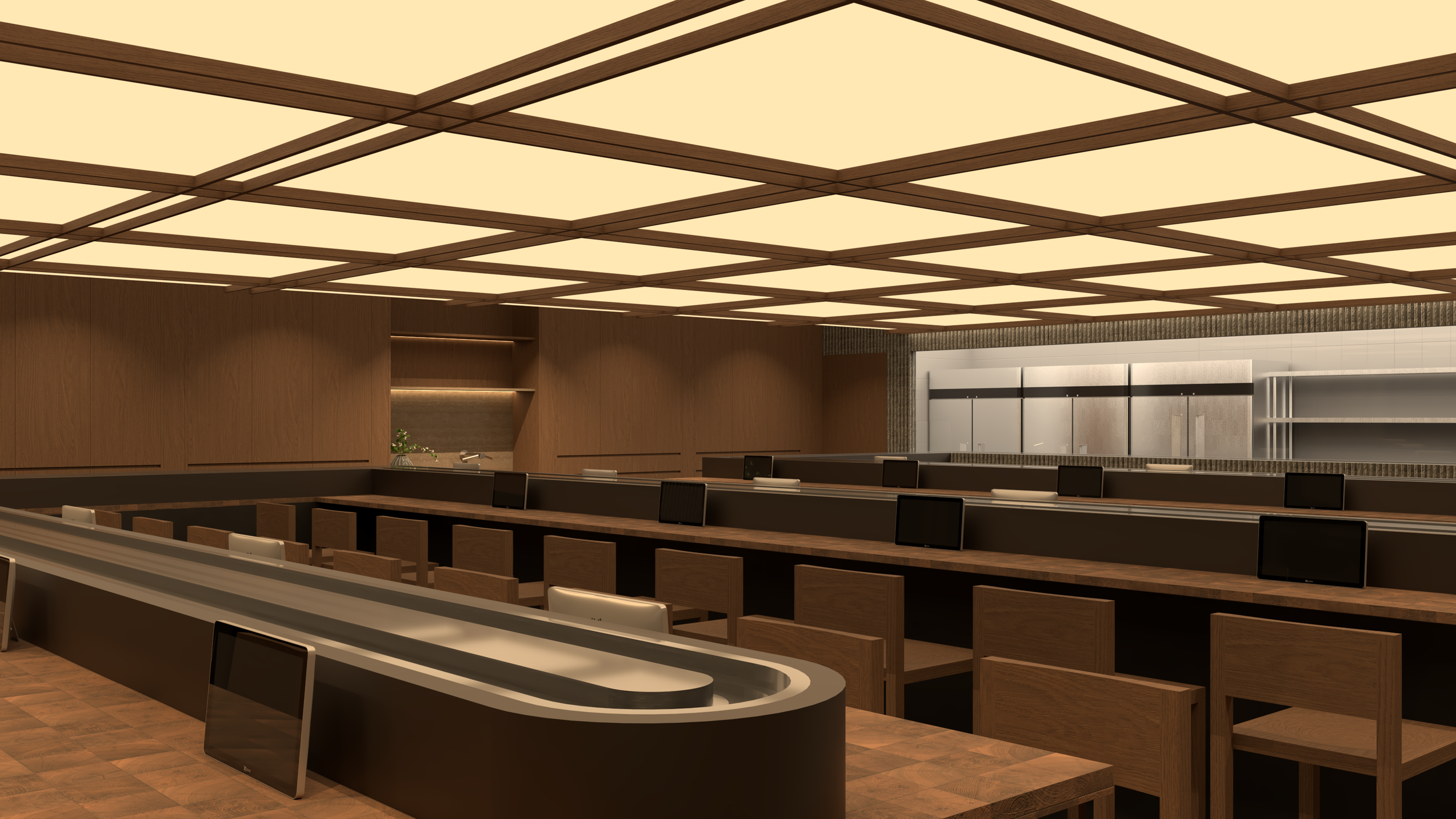 The restaurant features a Japanese-inspired design with wooden elements and soft yellow lighting, creating a warm and relaxing atmosphere for diners to enjoy their meals comfortably.