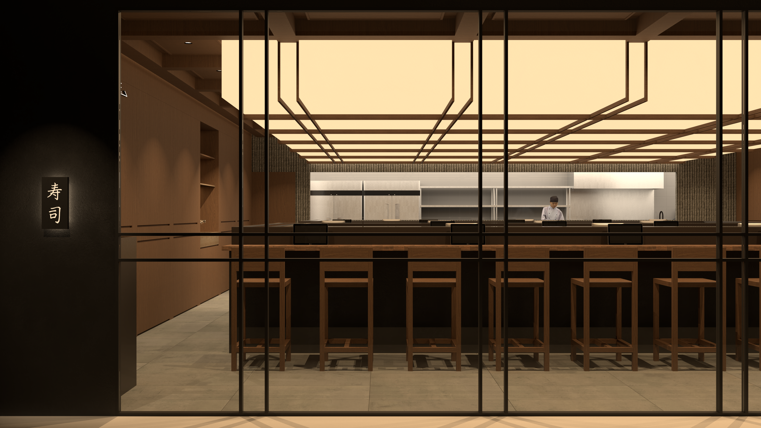The ceiling design, inspired by traditional lanterns, spans the entire dining area. Combined with floor-to-ceiling windows, this design enhances the restaurant's visibility and appeal to passersby, attracting potential customers.