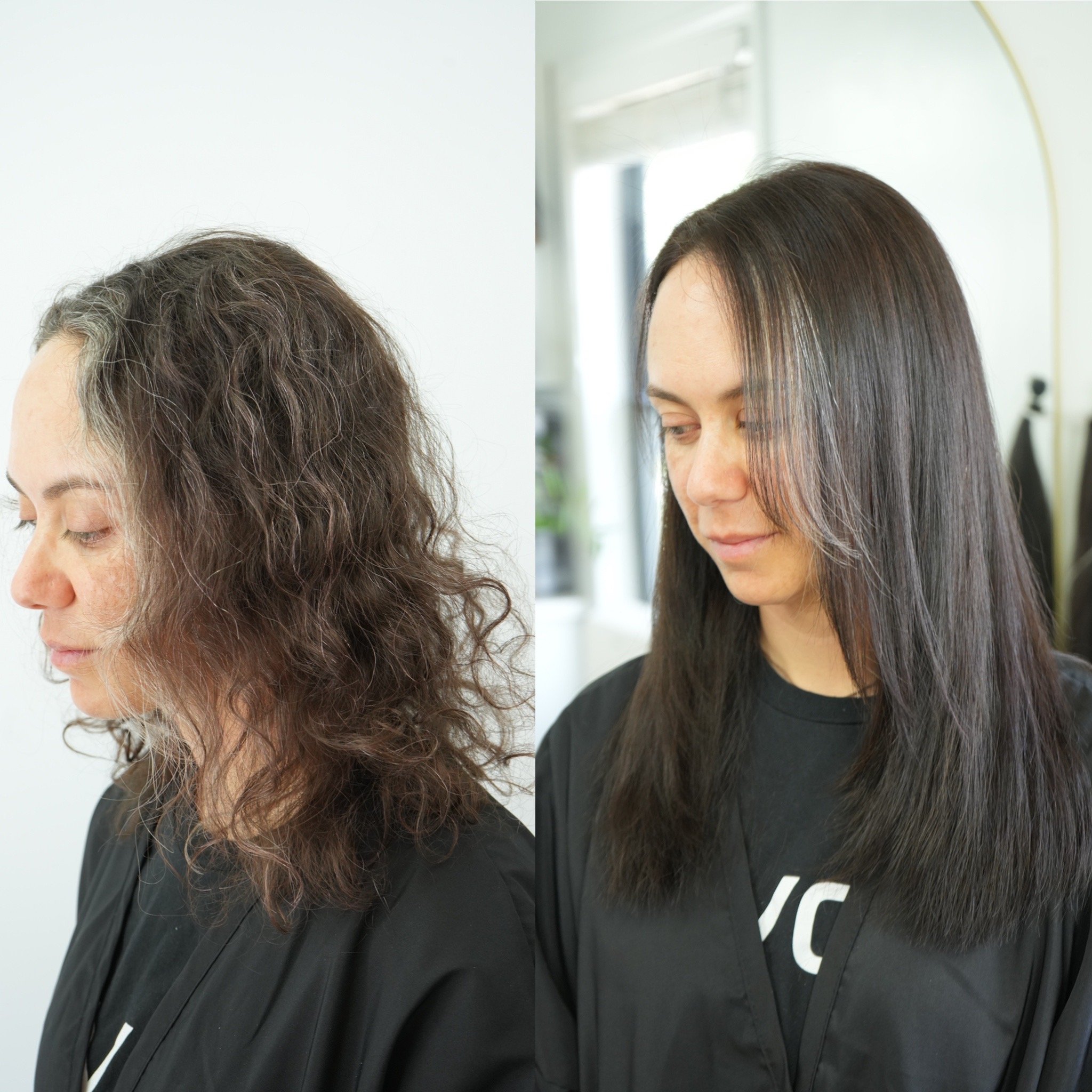 Before and after hair transformation showing a person with curly hair on the left, and straightened, smooth hair on the right, wearing a black cape.