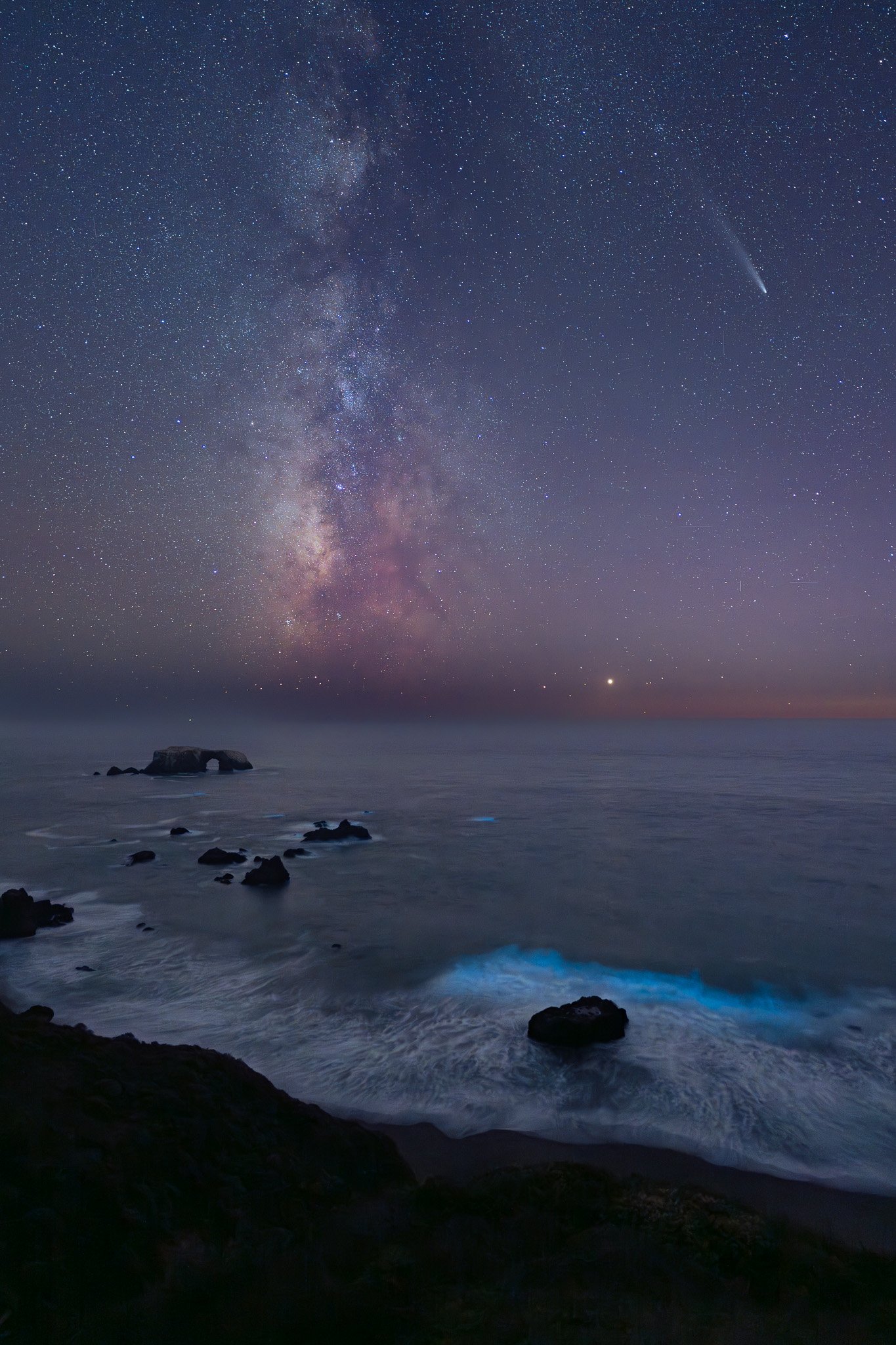 Bioluminescence, Tsuchinshan-ATLAS/A3 Comet, Milky Way at Arch Rock, Blind Beach, Sonoma Coast, California