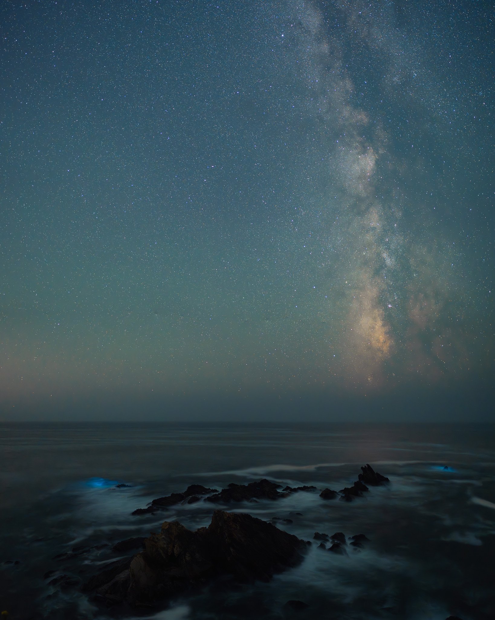 Bioluminescence in the Pacific under the Milky Way, Windermere Point, California