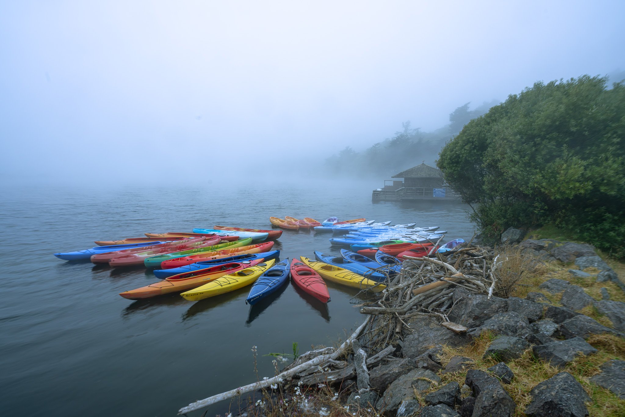 Kayaks on a foggy morning, Jenner, California