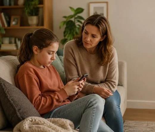 a mother and daughter on the couch and the teen is on her phone