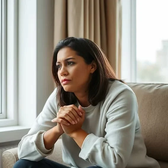 Woman in chair looking serious