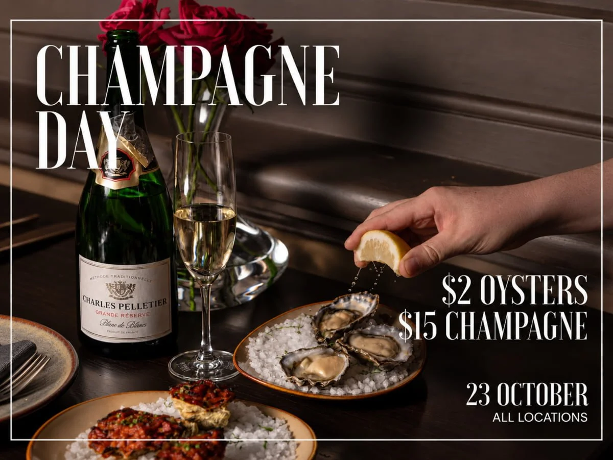 Champagne Day. $2 Oysters, $15 Champagne