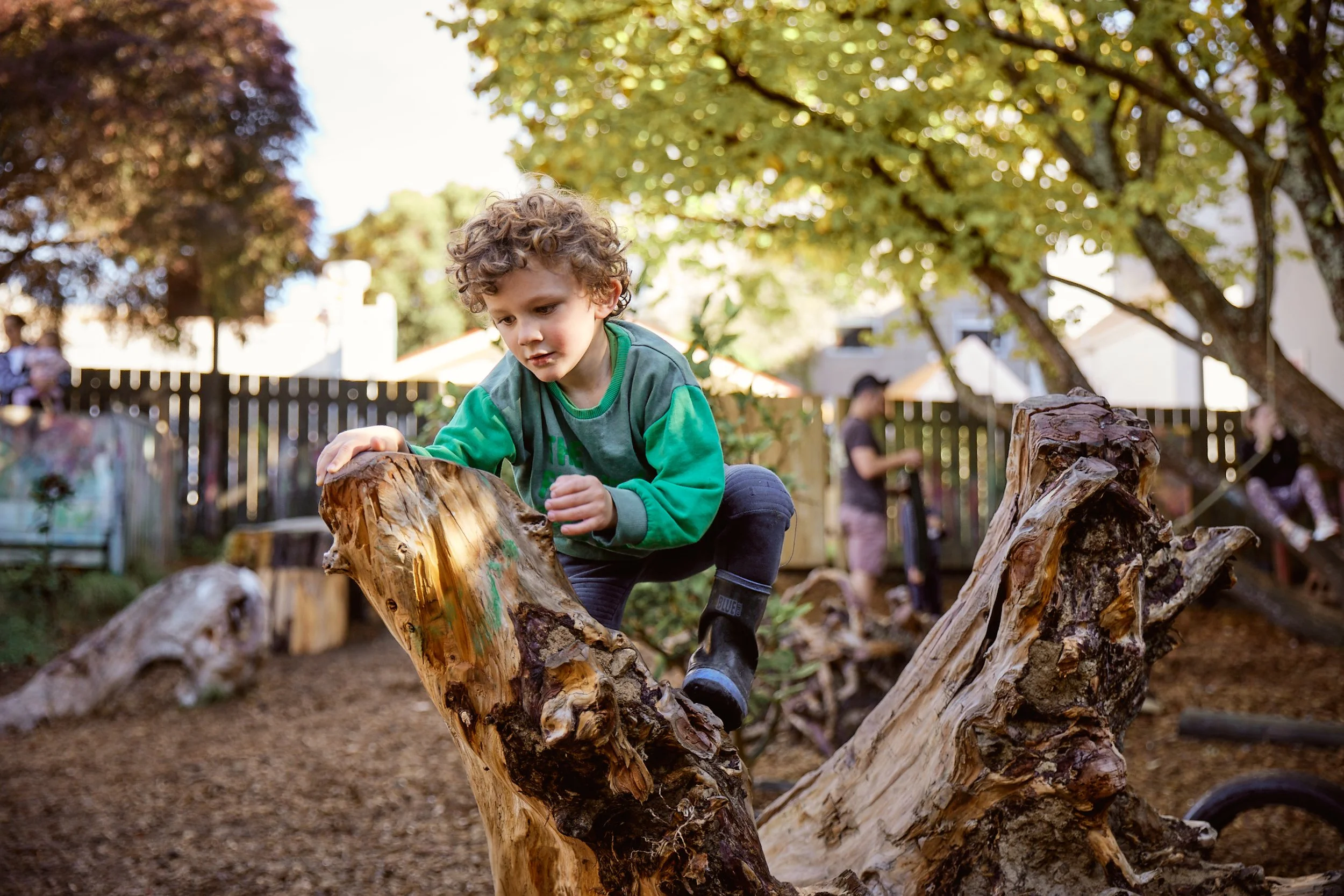 Young boy climbing on a large, weathered tree stump in a playground area with other children and trees in the background.