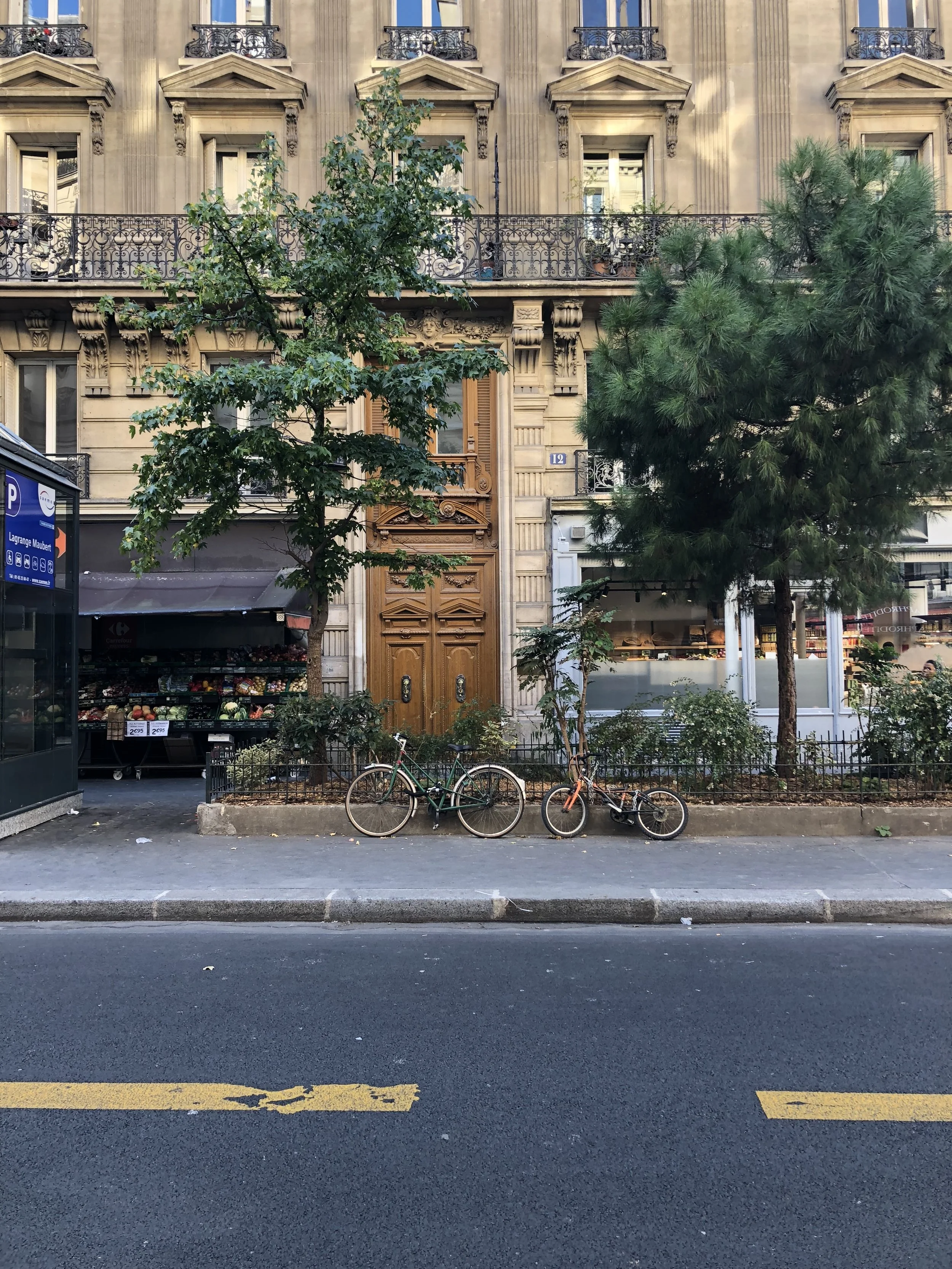 Tall historical building with trees and bicycle in front. Scenic outdoors. European style.