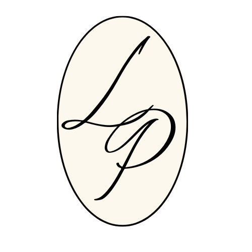 Cream oval with black fancy letters read "LP".