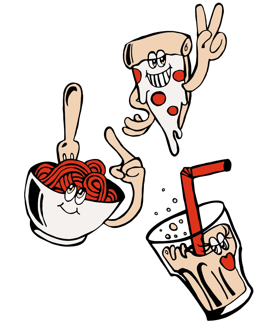 Dibujo de una taza con espaguetis que tiene ojos y una sonrisa, sostiene un tenedor; una rebanada de pizza con ojos y sonrisa muestra paz con dos dedos; un vaso de jugo con ojos y boca sonriente tiene una pajilla y parece derramarse.