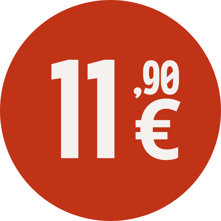 Etiqueta de precio que muestra 11,90 euros en un círculo de fondo marrón.