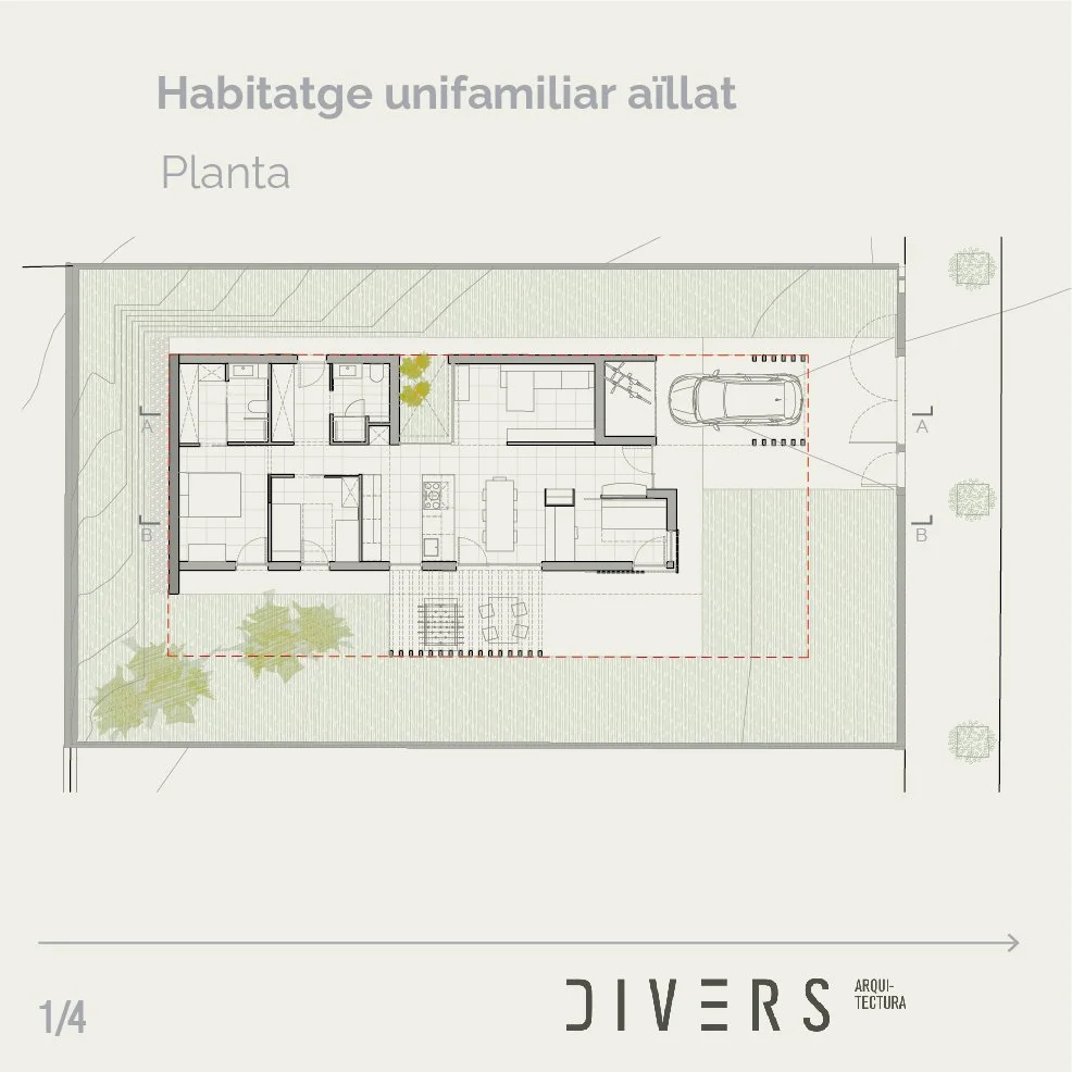 Anteriorment vam compartir imatges d&rsquo;aquest habitatge a la Nou de Gai&agrave;.
Avui mostrem el pl&agrave;nol de planta i les seccions longitudinals, on s&rsquo;hi aprecia una clara transici&oacute; entre la zona m&eacute;s p&uacute;blica, vincu