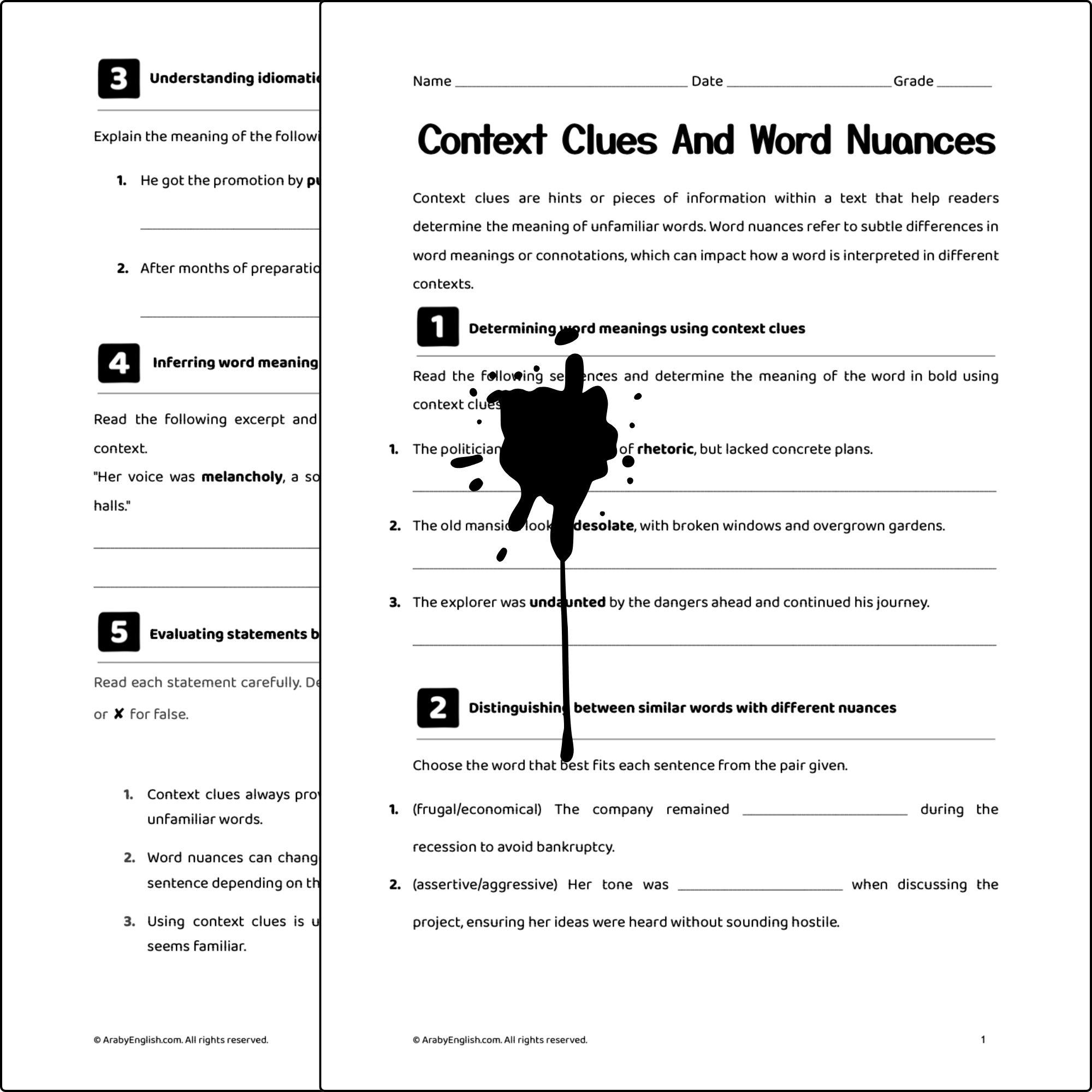 Grade 9 Context Clues and Word Nuances Worksheet
