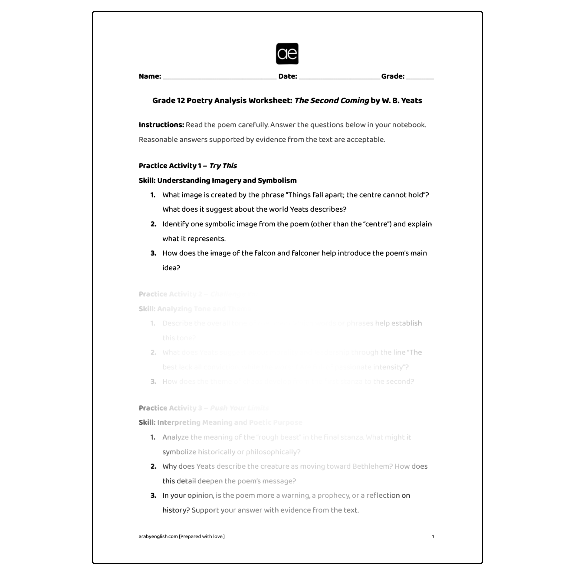 Grade 12 Poetry Analysis Worksheet: The Second Coming by W. B. Yeats