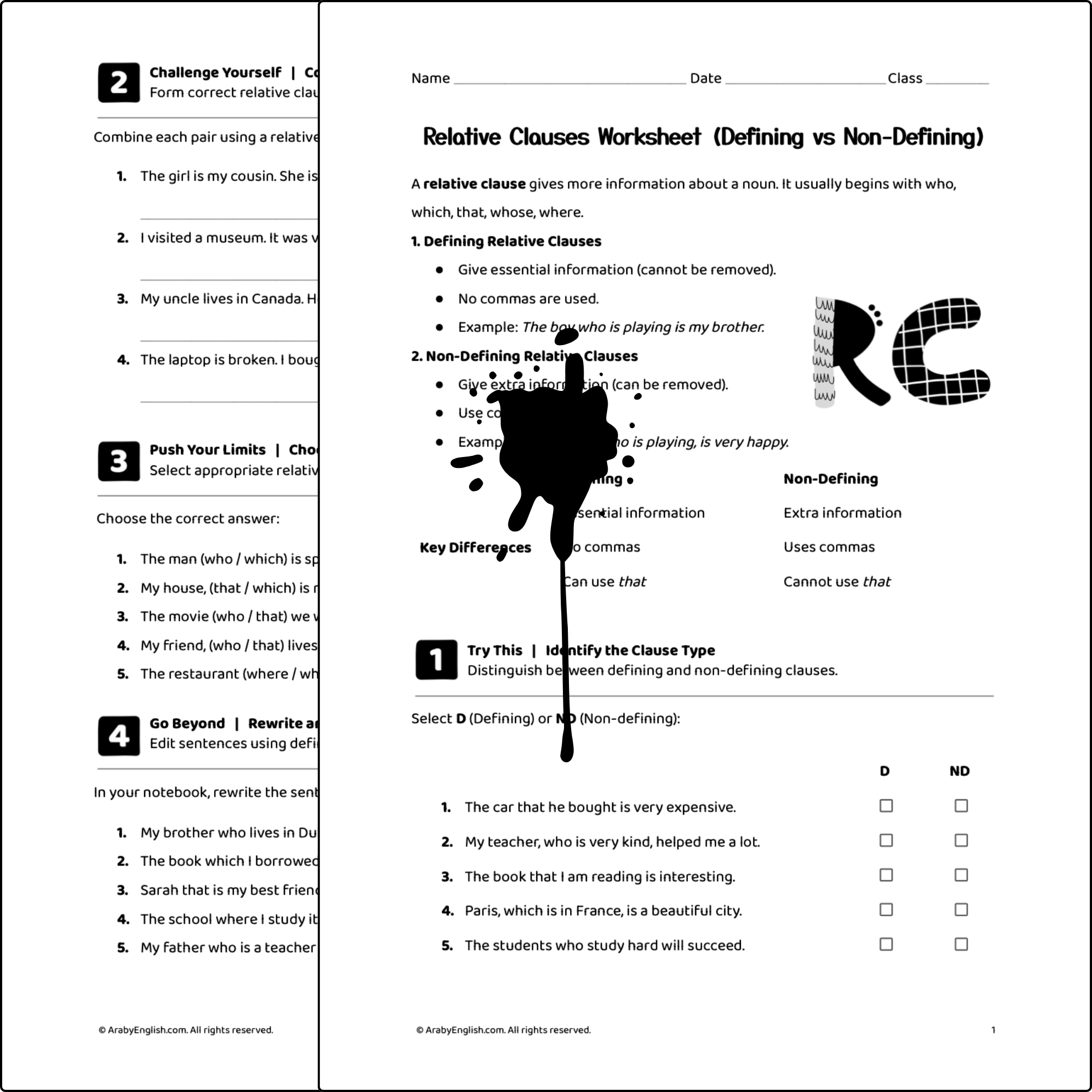Relative Clauses Worksheet (Defining vs Non-Defining)