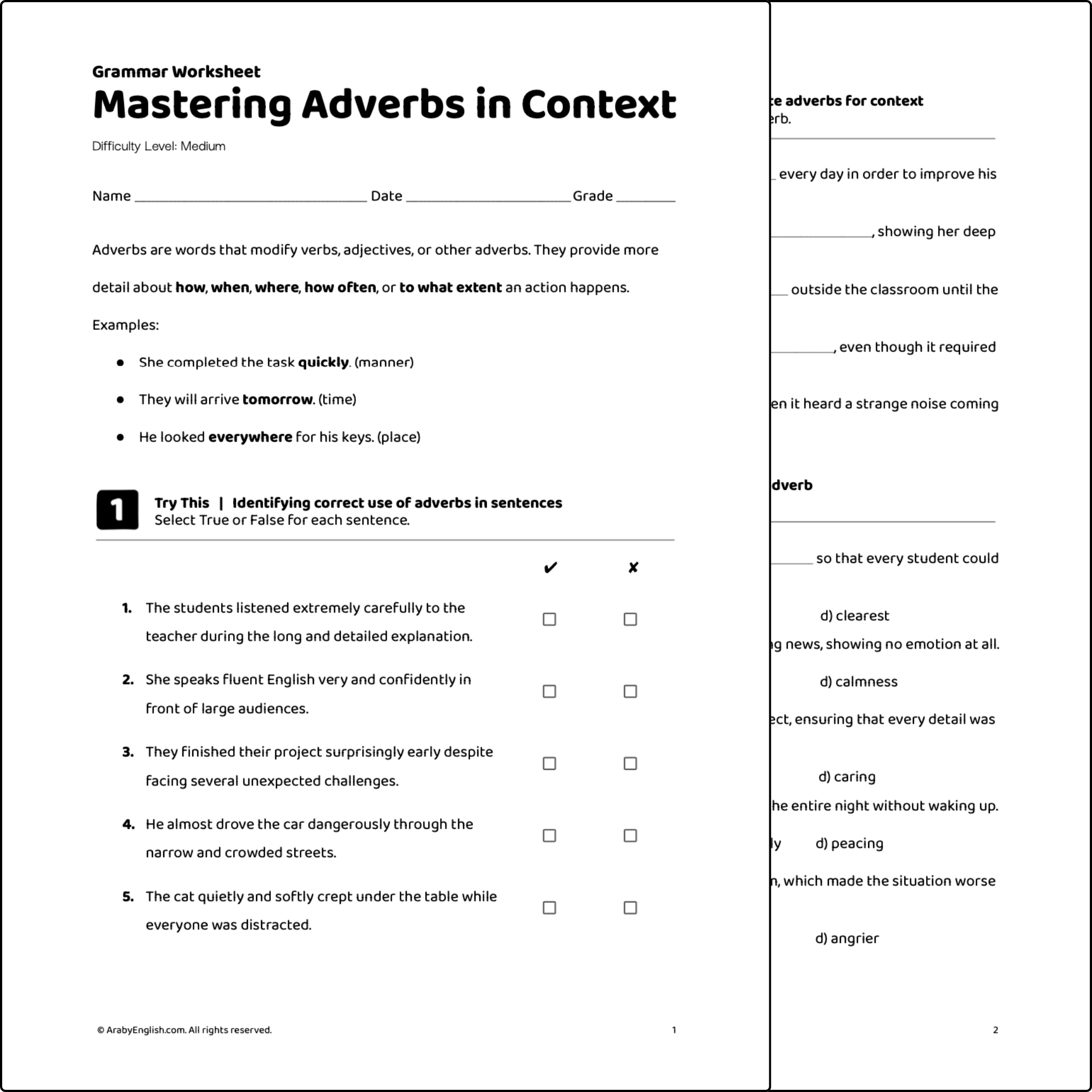 Grammar Worksheet: Mastering Adverbs in Context