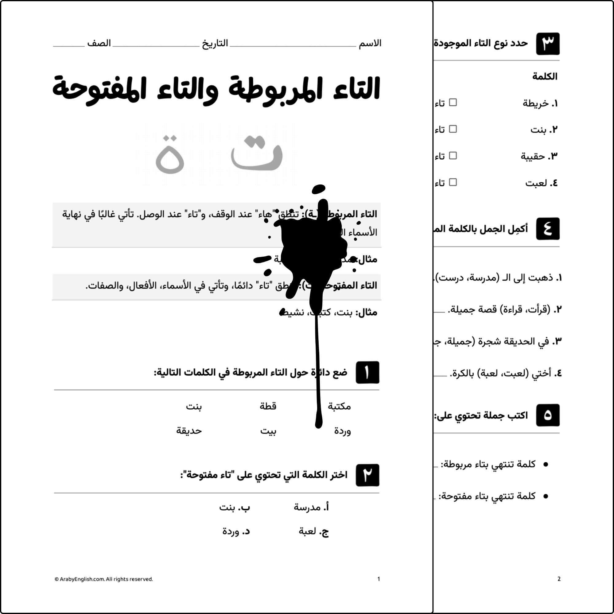ورقة عمل: التاء المربوطة والتاء المفتوحة